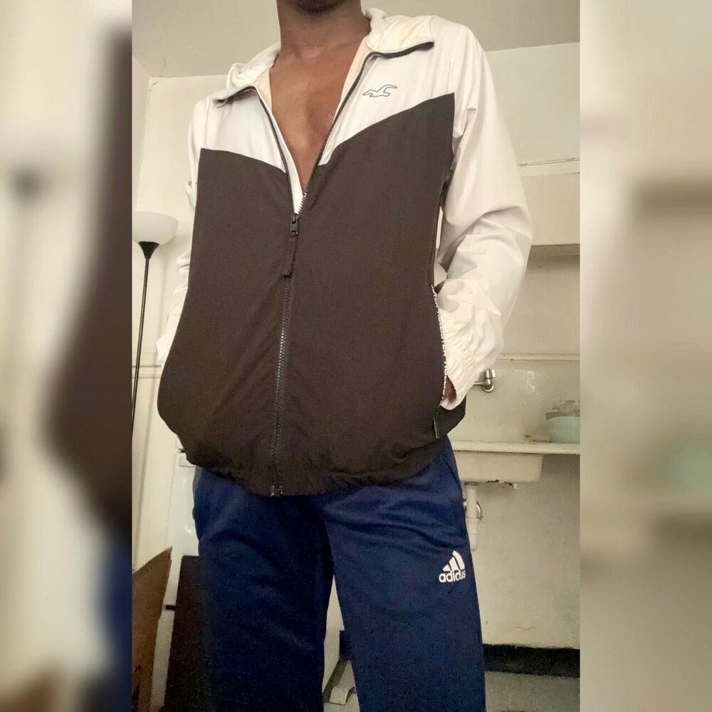 Hollister Vintage Nylon Windbreaker Jacket Silky Glanz Black White
